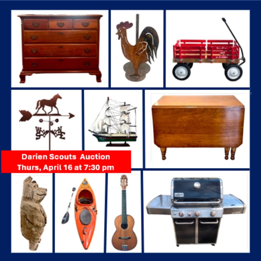 A charity auction of 200 extraordinary items — furniture, kayaks, musical instruments, hunting & fishing gear, bikes, and more — generously donated from Darien estates to benefit youth Scouting programs.