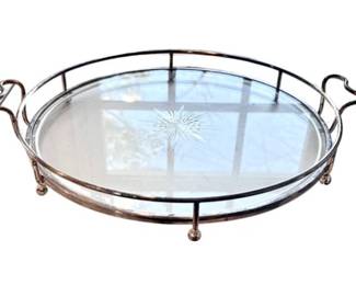 Pairpoint English Sheffield Silver Plate & Cut Glass Gallery Tray With Handles - Signed