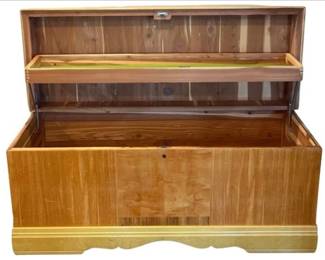 Vintage Cavalier Art Deco Cedar Chest With Flame Mahogany Veneer, Curved Waterfall Design And Decorative Base