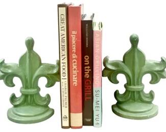 Vintage Fleur De Lis Green Cast Iron Bookends
