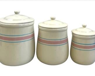 Vintage McCoy Pottery Pink And Blue Banded Canister Set
