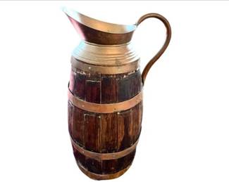Antique English Oak Brass Bound Barrel Rum Pitcher, 19th Century