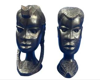 Pair Of Vintage African Carved Ebony Busts