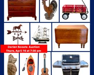 A charity auction of 200 extraordinary items — furniture, kayaks, musical instruments, hunting & fishing gear,  bikes, and more — generously donated from Darien estates to benefit youth Scouting programs.