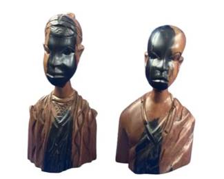 Vintage Carved Ebony Wood African Couple Busts
