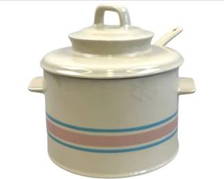 Vintage McCoy Pink And Blue Stripe Canister Soup Tureen With Ladle