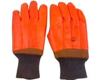Pair Of High Visibility Orange PCV Gloves With Knit Wrist Cuffs