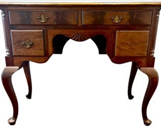 Queen Anne Style Lowboy Writing Desk With Cabriole Legs, Shell Carving & Reeded Column Detailing