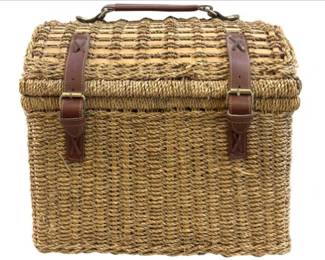 Vintage Woven Picnic Basket, Leather Straps, Plaid Lining, Place-Settings For Four
