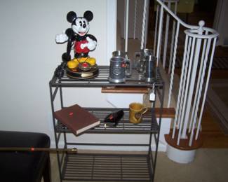 METAL SHELF & MICKEY MOUSE PHONE & STEINS