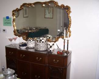 GILT-FFRAMED MIRROR, MAHOGNAY BUFFET, BLACK & WHITE DINNNER