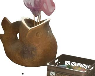 Large Decorative, TerraCotta Fish Planter And Assorted Hand, Painted Rocks