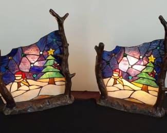 Stained Glass Table Lamp Pair, Holiday Themed