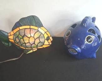Handcrafted Stained Glass Fish Lamp With Blue Ceramic Fish