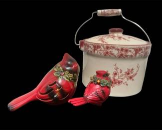 Vintage Decorative Dutch Oven And Two Decorative Cardinals