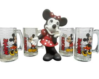 Two Sets Of Vintage Mickey And Mini Mugs And Vintage CastIron Minnie Mouse Coin Bank