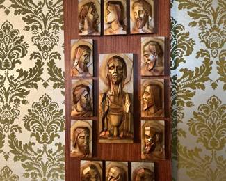 3D hand carved wood plaque Jesus and 12 Apostles