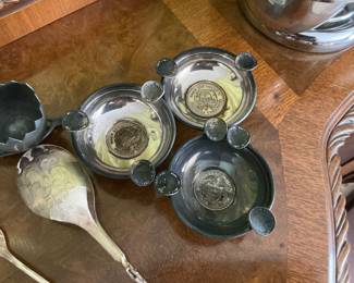 Vintage Silvertoned ashtrays with embedded collectible coins