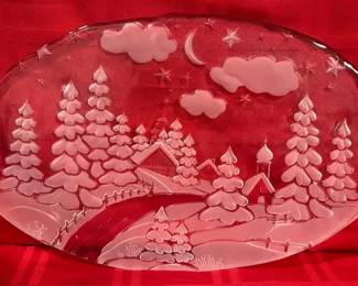 Large Winter Scene Etched Glass Platter