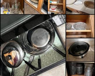 KITCHEN ITEMS CROCK POT STORAGE JARS WITH LIDS GLASS BWOLS PLATTERS MEASURING CUPS