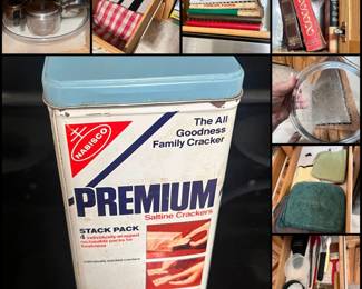 premium crakcer tin sweet n low jar cookbooks utensils hot pads cup towels etched pieplate