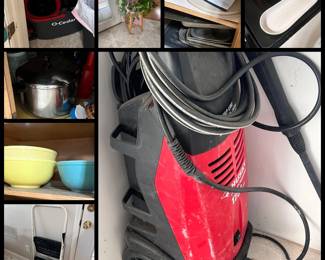 Pyrex vintage bowls stock pot with lid Ocedar mop electric power washer