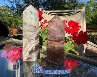 We have a beautiful collection of Chrystal Towers and Points! Here we have a pair of banded fluorite.