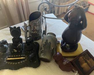 Antique men's watch-pen etc. holder...mother of pearl pitcher..chinese monkey vintage teapot..African carved effigy, Meiji cloisonne vase