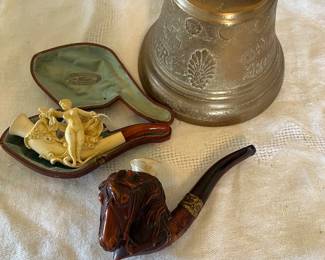 Meerschaum Hand Carved Amber pipe..one in case.. The bronze Swiss 1878 bell (Saignelegier) is from a town called Chiantel Fondeur 