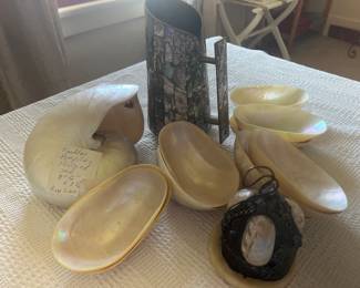 Los Costillo Mid-Century Abalone Shell Pitcher..Nautilus Shell from the Indo-Pacific....  8 small Mother of Pearl bowls..Nautilus bell 