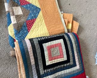 Vintage quilt..Log Cabin made out of men's shirts/feed sack