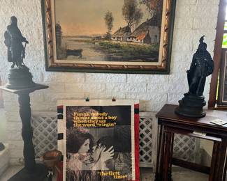 2 Statutes (left is of a medieval knight) oil painting..4 antique table set..vintage movie poster