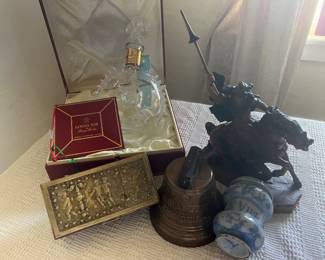 Fine Bacarat Crystal Grand Cognac Decanter in original Box with Presentation.".St. George Slaying the Dragon"  Statute...Antique Bell..