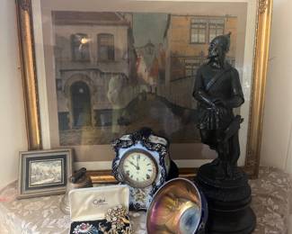 Large Lithograph, Antique Ansonia Clock, beautiful Rockwell Sterling inlaid bowl, Joseph of Hollywood Vintage pins, Large Statute, 1878 Bronze Bell