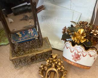 Gorham enamel flowers..Antique gold frame... Bronze box(maker Erhard Sohne/1920)....La Main Longwy enamel (Emaux deLong Art Gallery)y