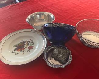 Copeland sterling trim large plate..Egyptian Revival silver overlay Rockwell bowl..several sivlerplate objects..