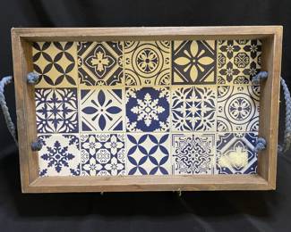 Wood & Tile w/Blue & White Designs Serving Tray