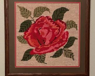 Framed Needlepoint Rose Artwork