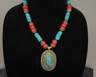 Coral, Turquoise and Silver Necklace