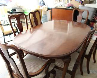 dining table set, solid wood table, 6 chair dining set, cherry finish furniture, traditional dining room set, oval dining table, upholstered dining chairs, formal dining furniture, kitchen table set, classic wood furniture, estate sale furniture, Queen Anne