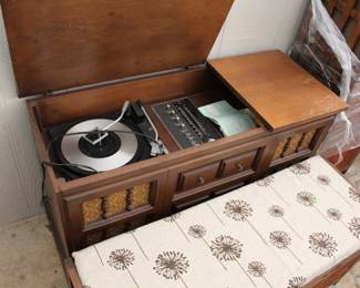 Vintage record player console, stereo console cabinet, turntable cabinet, mid century style stereo, wood record player cabinet, retro audio console, vinyl record player, built-in speakers, radio stereo system, vintage electronics, record storage cabinet Storage bench, wooden bench with cushion, entryway bench, upholstered bench, storage seat, lift top bench, bench with drawers, blanket storage bench, hallway bench, mudroom bench Bamboo cabinet, wicker drawer unit, storage drawers, small chest of drawers, natural wood storage, accent storage cabinet Mid century style furniture, retro furniture, vintage wood furniture, estate sale furniture, household storage, multifunction furniture, compact storage solutions