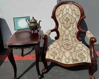 CT217Vintage Lounge Chair, Side Table, Pewter Kettle And Doily