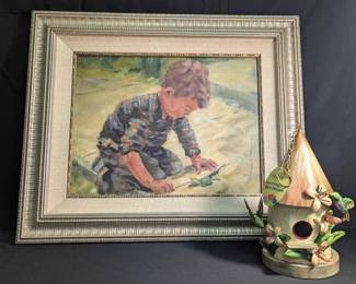 CT609Painting Of Boy With Twig By Denise Burns  Hummingbird Bird House