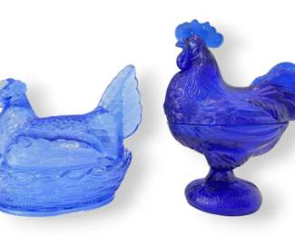 Cobalt Blue Glass Hen on Nest  Rooster Candy Dish