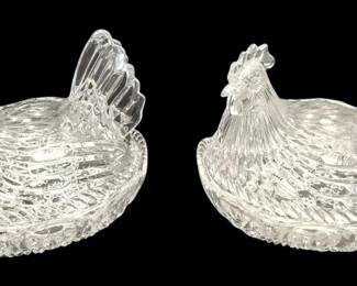 Two Clear Glass Hen on Nest Salt Cellars