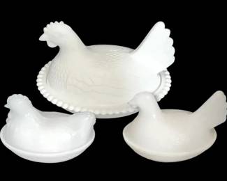 Three Vintage Milk Glass Hens on Nests