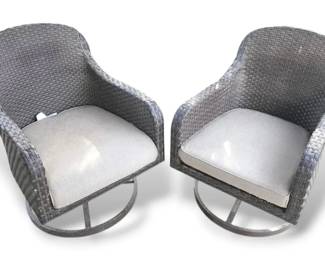 Pair Of Woven Plastic Swivel Patio Chairs w Cushions