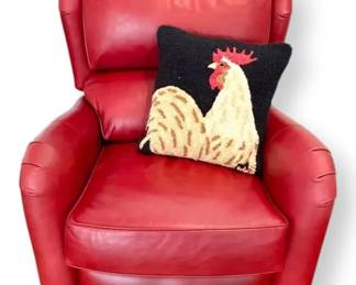Red Leather Manual Reclining Chair With Rooster Pillow