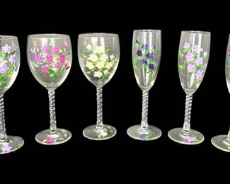 57 Total HandPainted Floral Wine Glasses  Champagne Flutes