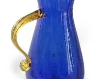 Blenko Cobalt Blue Glass Pitcher with Amber Handle